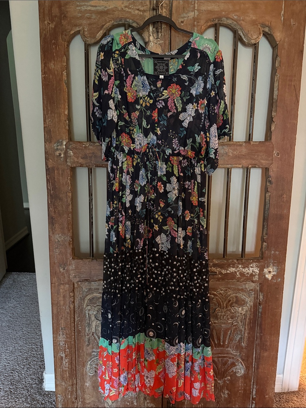 Johnny Was Black Floral Tiered Maxi Dress with Red Hem